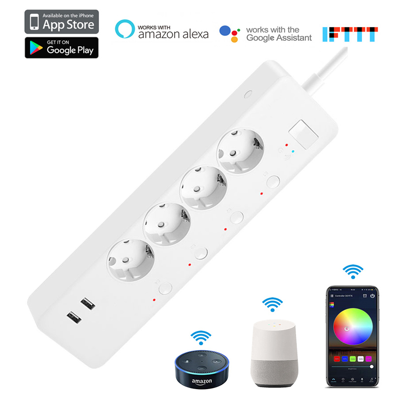 AC250V WIFI Smart Power Strip 4AC Fast Charge Plug Sockets Voice Control All In One 2 USB Sort Wiring Board EU Plug Work with Amazon Alexa, Google Assistant，IFTTT